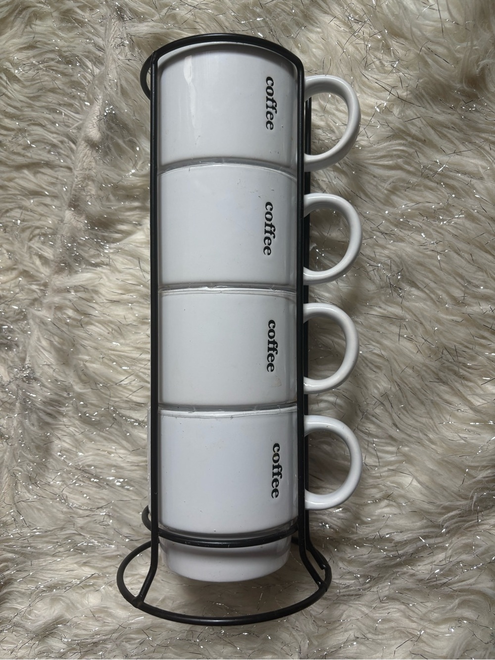 Coffee Break Signature White 'coffee' Mugs Set with Black Metal Rack